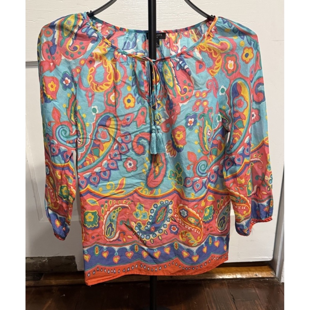 Talbots Blouse Women SP Cotton Floral Boho Paisley Long Sleeve